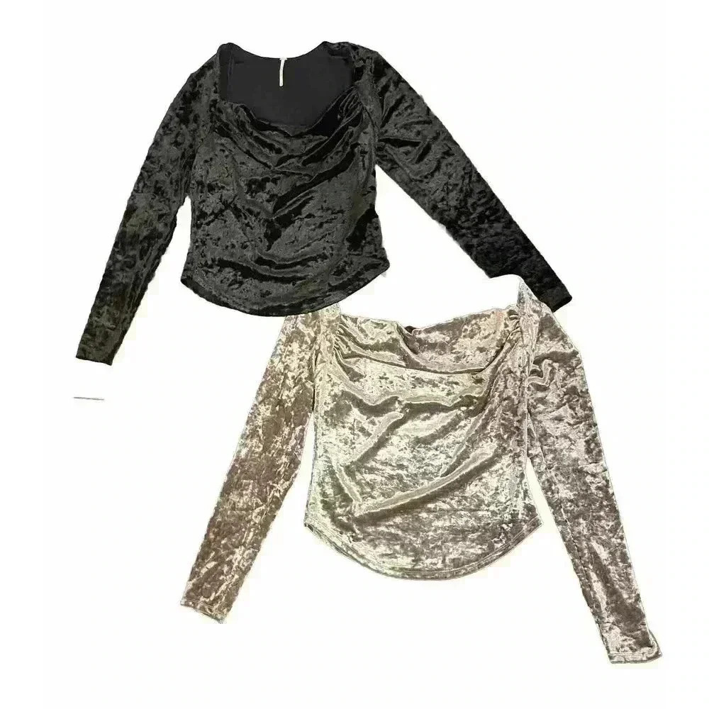 Free People Perfect Date Top Velvet Cowl Neck M Black Taupe Lot Long Sleeve